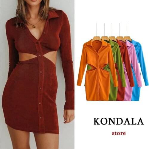 KONDALA Za 2021 Deep V Neck Sexy Mini Sheath Party Dress Long Sleeve Hollow Out Fashion Autumn Shirt Dress Y2K Girls Vestidos