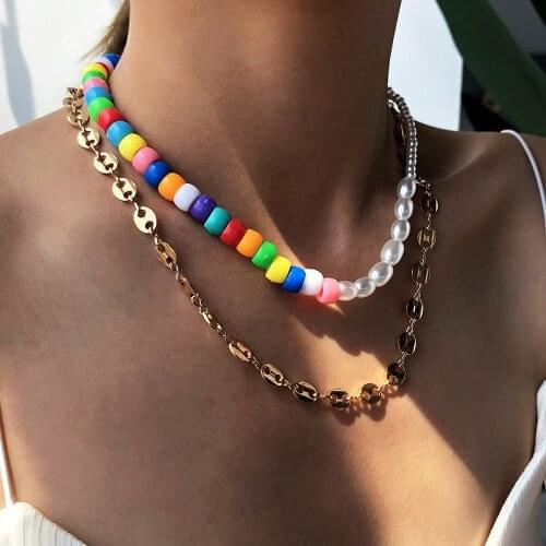 Multilayer Pearl Set Necklace Beach Bohemian Rainbow String Chain Necklace for Women Fashion Jewelry Accessories Pearl Necklace