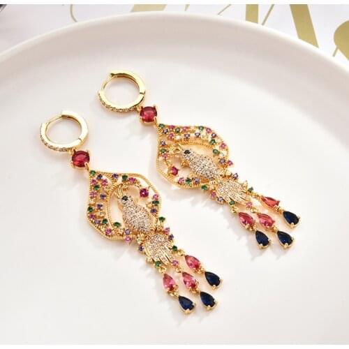 Fashion New Heavy Industry Colorful Zircon Crystal Tassel Long Style Court Phoenix Earrings Phoenix Earrings jewelry