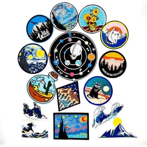 Space Starry sky Ironing Patch for Clothes Solar system Embroidered Patch for Clothing Van Gogh Badges Mountain Stripe Stickers