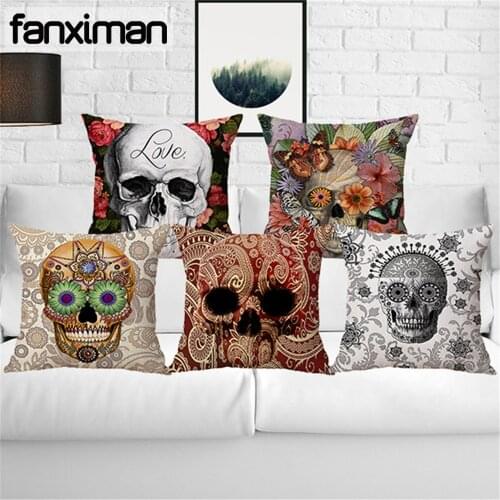 Floral Skull Cushion Covers for Sofa Throw Pillow Cover Decorative Pillow Case Punk Cushion Cover Cotton Linen Square Throw
