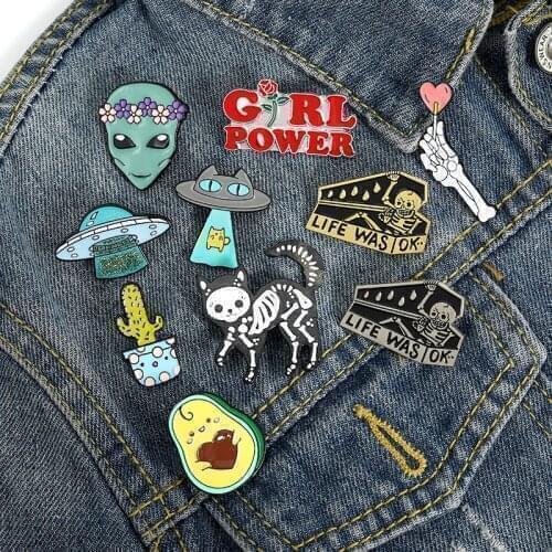 New Skeleton Cat Enamel Pins Alien Avocado UFO Cute Brooches Badge for Bag Lapel Fashion Gifts for Friends Wholesale