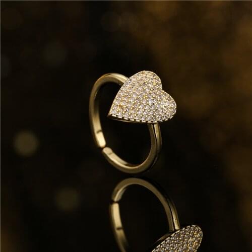 Full Cubic Zirconia Pave Setting Heart Charm Ring For Women Adjustable Gold Color Copper Wedding Ring Party Jewelry Gift