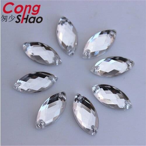 Cong Shao 300PCS 7*15mm Clear Acrylic Horse eye Rhinestone trim flatback sewing 2 Hole costume Button Crystal Accessories CS661E