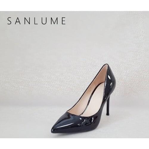 SANLUME Black Patent Pumps Women Shoes Woman High Heels Office Ladies Sexy stiletto party shoes Genuine Leather Pointed Toe Heel