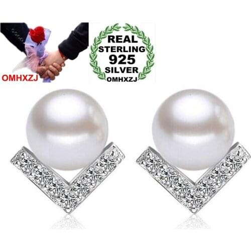 OMHXZJ Wholesale Temperament Personality Fashion For Woman Wedding Gift V-shaped Pearl 925 Sterling Silver Stud Earrings YS324