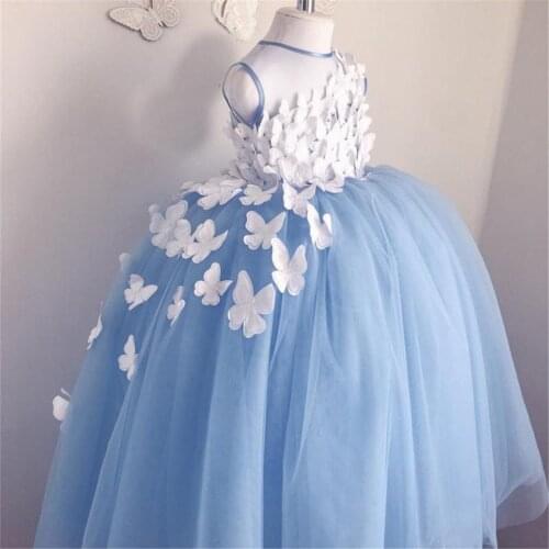 Light blue Flower Girl Dresses sleeveless Fluffy Tulle Bow Applique Girls Pageant Dresses Holy Communion Birthday Party Dresses