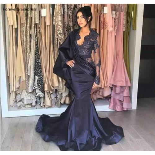Saudi Arabic Dark Navy Evening Dresses 2019 Long Sleeves Formal Women Holiday Wear Celebrity Party Gowns Plus Size Custom Made