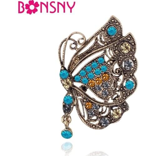 Bonsny Antique Bronze Butterfly Insect Rhinestone Brooches Scarf Clothes Decoration Pin For Women Jewelry Lady Accessories Bulk