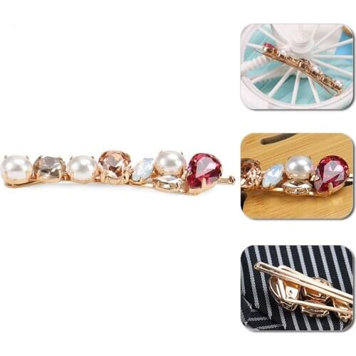 Women Gold Alloy Hair Clip Fashion Crystal Hair Pins Colorful Rhinestone Hair Pins with Pearl