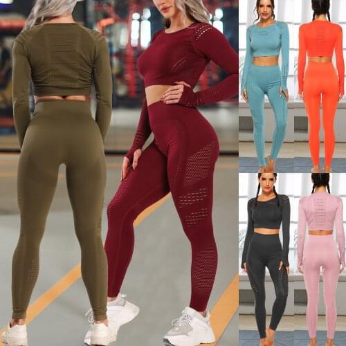 Women Hollow Out Sport Suit Yoga Set Gym Workout Clothes Long Sleeve Fitness Crop Top + High Waist Energy Seamless Leggings