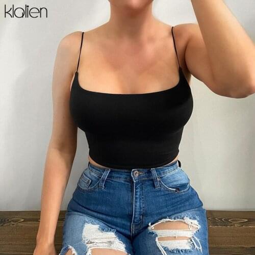 KLALIEN women sexy backless solid cotton camisole summer high street casual female crop top slim wild soft camisole ladies