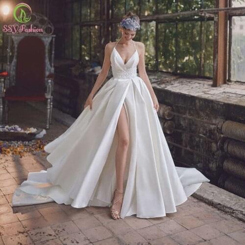 SSYFashion New Sexy White Satin Evening Dress Banquet Backless Spaghetti Strap Long Train A-line Prom Formal Gowns for Women