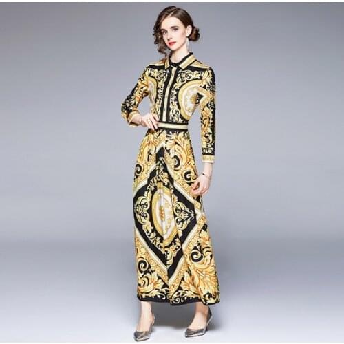 2021 autumn Runway Designer Maxi Dresses Women Positioning printing turn down collar Vintage Dress