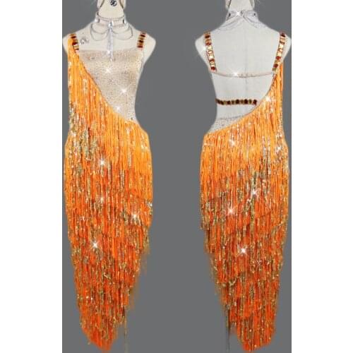 Latin Dance Dress Orange Shiny Rhinestone Fringe Sexy Backless Dresses Tango Salsa Cha Cha Samba Lady Performance Wear DNV11774