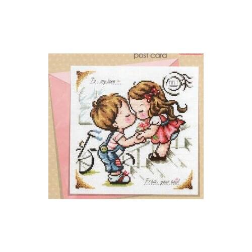 Gold Collection Lovely Counted Cross Stitch Kit Post Card To My Love Kiss Little Boy and Girl SO