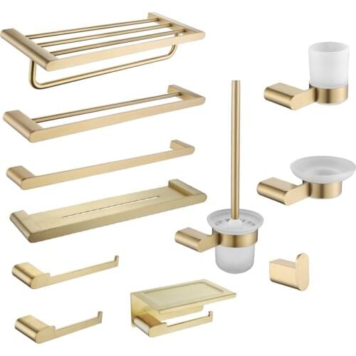 Gold Brushed Bathroom Accessories Hardware Set Towel Bar Rail Toilet Paper Holder Towel Rack Hook Soap Dish Toilet Brush