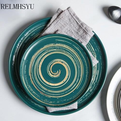 1PC RELMHSYU Japanese Style Ceramic Retro Hand-painted Round Flat Fish Steak Snack Dinner Plate Household Tableware