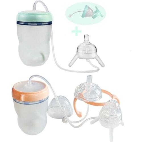 250ml Wide Mouth Handless Newborn Milk Bottle Self-Feeding Baby Bottle with Long Straw Tube Silicone Sippy Kids Cup