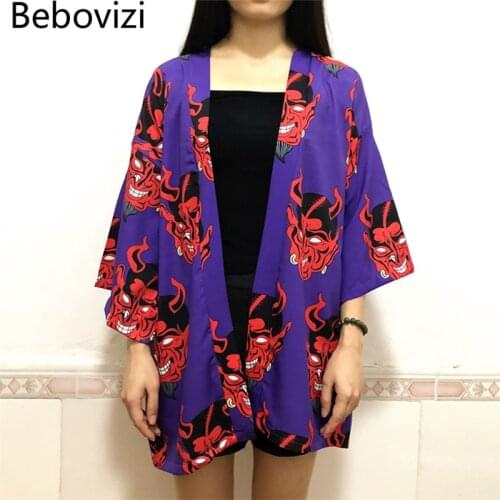 Bebovizi Fashion Women Kimono Cardigan Harajuku Demon Printed Haori Yukata Open Front Loose Casual Thin Blouse Pink Tops 2020