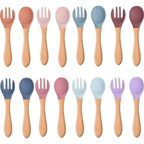 Baby Silicone Tableware Baby Feeding Wooden Handle Spoon Fork Set Soft Tip Infant Spoon BPA Free Food Grade Materia Toddlers