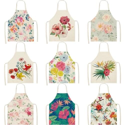 Flower Printed Aprons Cotton Linen Brief Pinafore Kitchen Apron Women Home Cooking Baking Sleeveless Waist Bibs