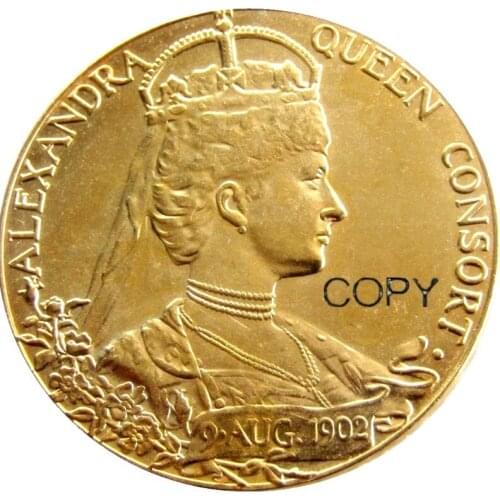 GB EDWARD VII ALEXANDRA QUEEN CONSORT 1902 CORONATION MEDAL Silver/ Gold Plated Copy coin