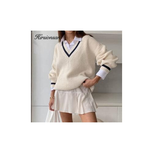 Hirsionsan V Neck Sweaters Women 2020 Winter Elegant Warm Loose Female Knitwear Pullovers British Style Vintage Student Jumper