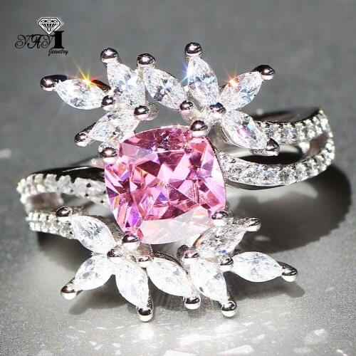 YaYI Fine Jewelry Fashion Princess Claw Set Cut Pink Cubic Zirconia Silver Color Engagement Wedding Party Leaves Gift Rings