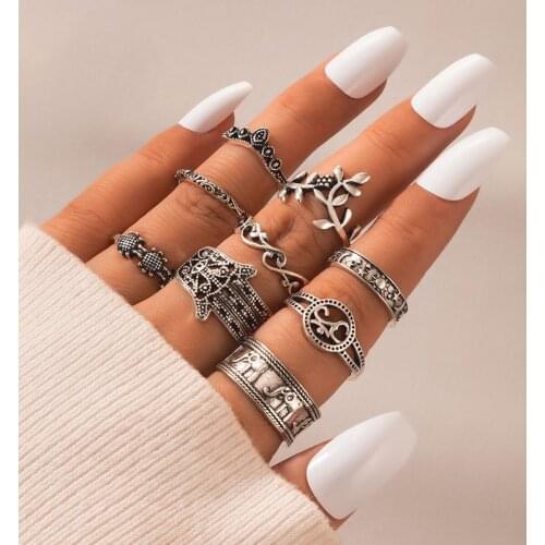 Tocona 9pcs/set Boho Elephant Silver Color Ring Set for Women Vintage Flower Leaves Midi Finger Rings Jewelry кольцо 4618