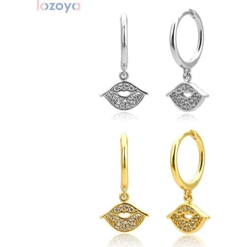 LOZOYA 925 Sterling Silver Crystal Punk Piercing Kiss Love Drop Earring Clear CZ Rock Punk Luxury Rock Ohrringe Pendiente