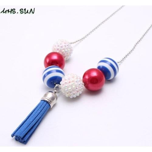 MHS.SUN Forth July Girls Kids Chunky Beads Necklace With Tassel Pendants Fashion Festival Child Chain Necklace Beaded Jewelry