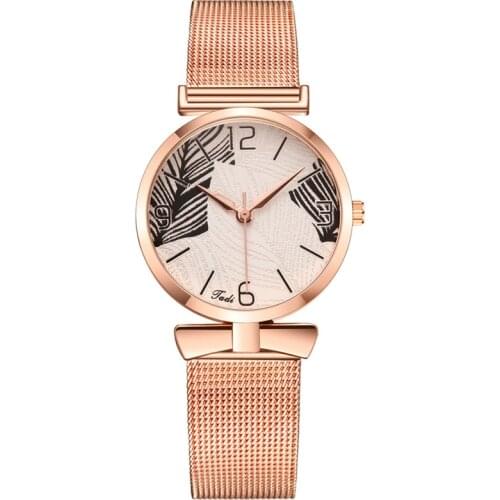 Fashion Womens Watch Alloy Milan Belt Quartz Clock Leaf Pattern Strap Simple Digital Ladies Bracelet Watch Wrist Dress Party