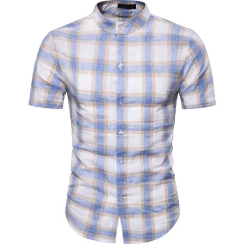 2019 New Summer Short Sleeve Mens Shirt European Plaid Stand Collar Mens Short Sleeve Shirt 9719