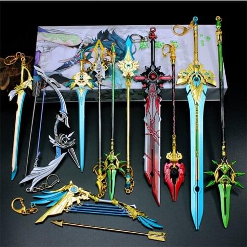12pcs Set Alloy Weapon Model Toys Game Genshin Impact Sword Anime Figure Hutao Klee Zhongli Diluc Xiao Keychain Collection