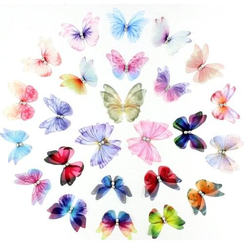 100PCS 3cm Irregular Double-layer Organza Butterflies w/ Rhinestone Handmade Butterfly Accessory for Wedding DIY Jewelry Making