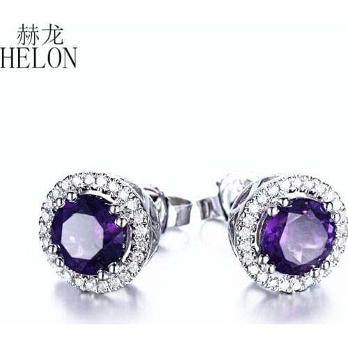 HELON Solid 10K White Gold Round 6mm Genuine Amethyst Diamonds Fine Jewelry Engagement Earrings Women Diamonds Stud Earrings
