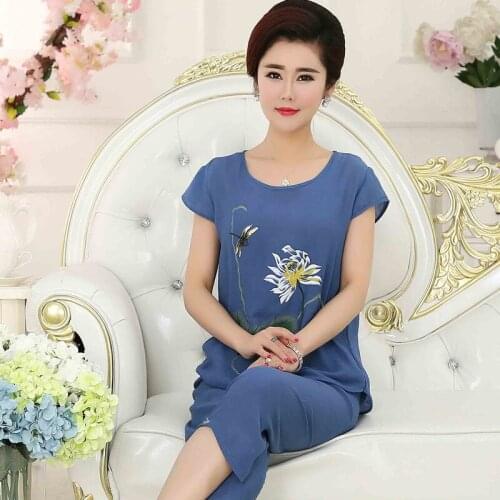 New Mother Pajamas Female Summer Cotton And Linen Thin Short-Sleeved Cropped Trousers Two-Piece Middle-Aged And Elderly Suit 4XL
