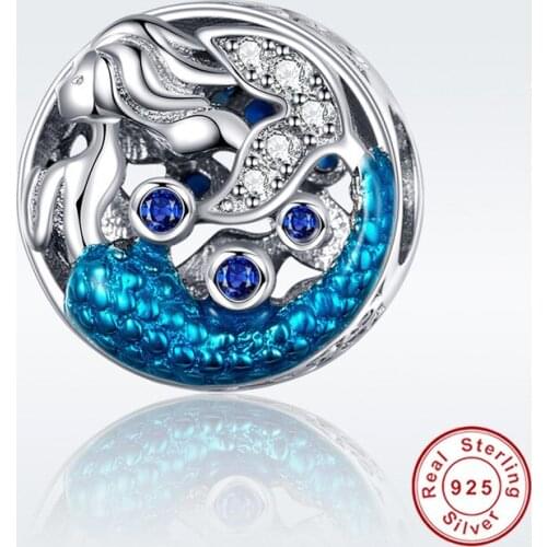 Fit Europe Bracelet Original 925 Sterling Silver Blue Cubic Zirconia Ocean Mermaid Beads S925 Greek Mythology Sea Godless Charm