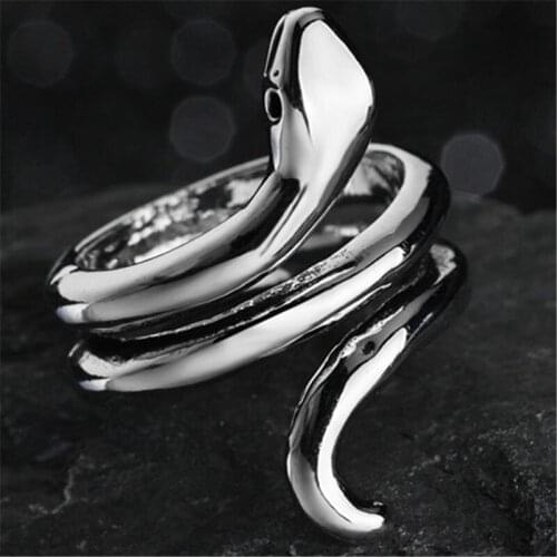 Silvery Unisex Resizable Gothic Retro Exaggerated Spirit Animal Rings for Women Punk Wind Snake-Shaped Nightclub Ring Opensize