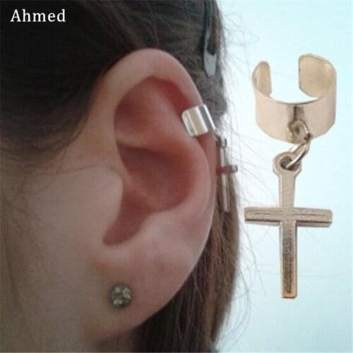 Ahmed Gold Silver Color Simple Cross Pendant Alloy Stud Earrings For Women Fashion Vintage Brinco Bijouterie Ear Clip Jewelry
