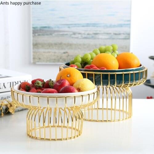 Northern European Iron Art Ceramic Fruit Bowl Green Living Room Household Coffee Table Candy Salad Plate Snack Basket Decoration