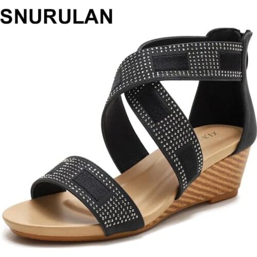 SNURULANShiny Rhinestone cross strap wedge sandals 2021 summer Rome gladiator sandal casual female comfortable party shoe