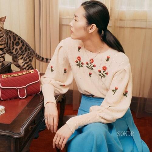 Floral Embroidery Runway Sweater Women Crew Neck Lantern Sleeve Pullover Sweater 2021 Autumn Winter Thick Loose Vintage Sweaters