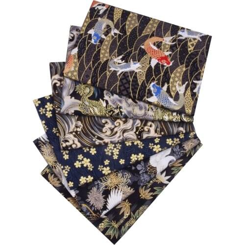 Black Navy Blue Koi Fish Sea Wave Blossoms Cloth For DIY Kimono Sewing Dolls & Bags Needlework Patchwork,Japanese Cotton Fabric
