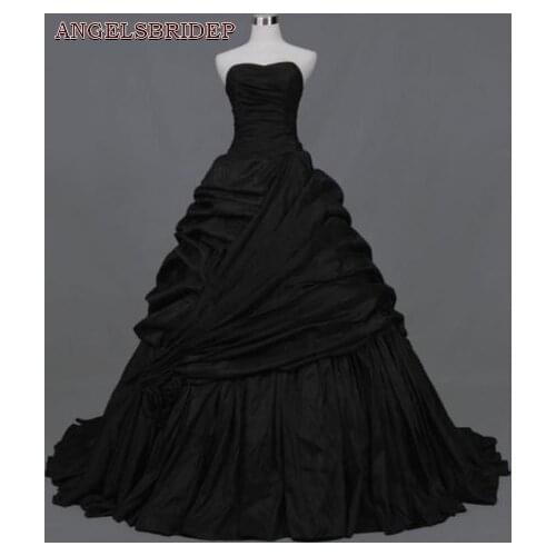 Unique Black Taffeta Strapless Ball Gown Bridal Gown Gothic Sweetheart Floor-Length Dubai African Wedding Dress