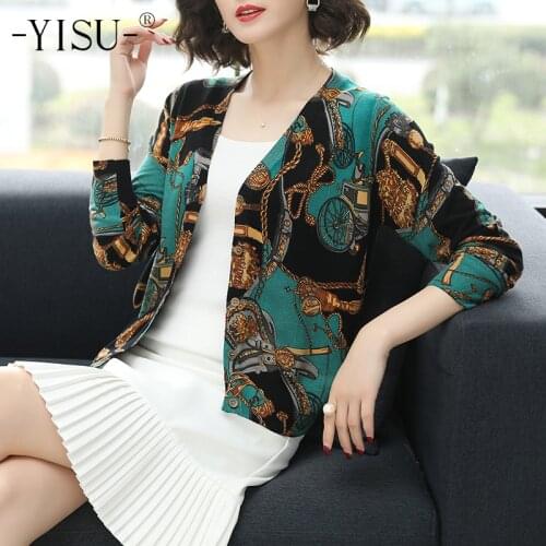 YISU Ladies Short Cardigan V Neck Long Sleeve Print cardigan Sweaters Thin Coat Knit cardigan 2019 Spring Autumn Knitwear Women