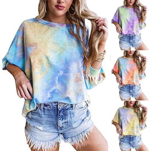 New Womens Gradient Tie-Dye 3/4 Sleeve Loose Casual T-Shirt Crop Top Female Tee Shirt Graphic Tshirt