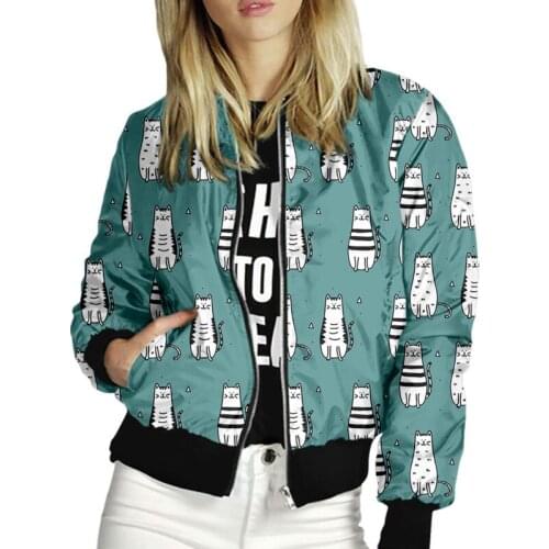 Women Sportwear Baseball Clothing 2021 Stylish Cartoon Cat Digital Print Zipper Jacket Casual Slim Outwear Coat