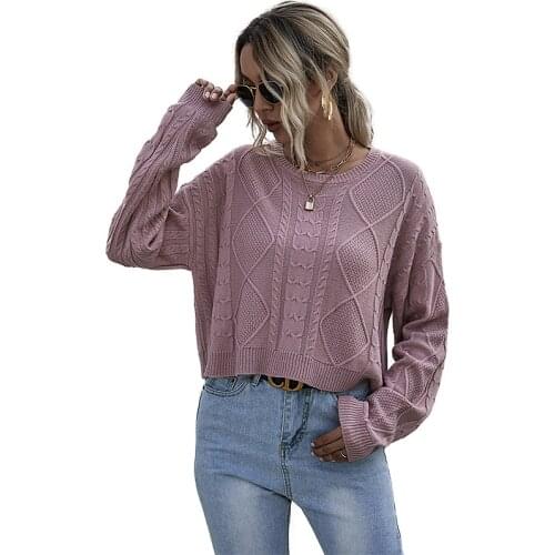 Women Knitting Sweater Long Sleeves Curled O-neck Collar Female Short Casual Solid Thin Pullover Ladies Winter Sweaters